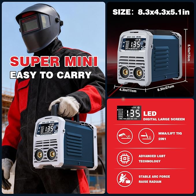 135A 110V Mini Stick Welder & Lift TIG 2-in-1 Portable Welding Machine – Large LED Display, IGBT Inverter, Hot Start/Arc Force/Anti-Stick, VRD Safe for Home DIY & Farm Repair