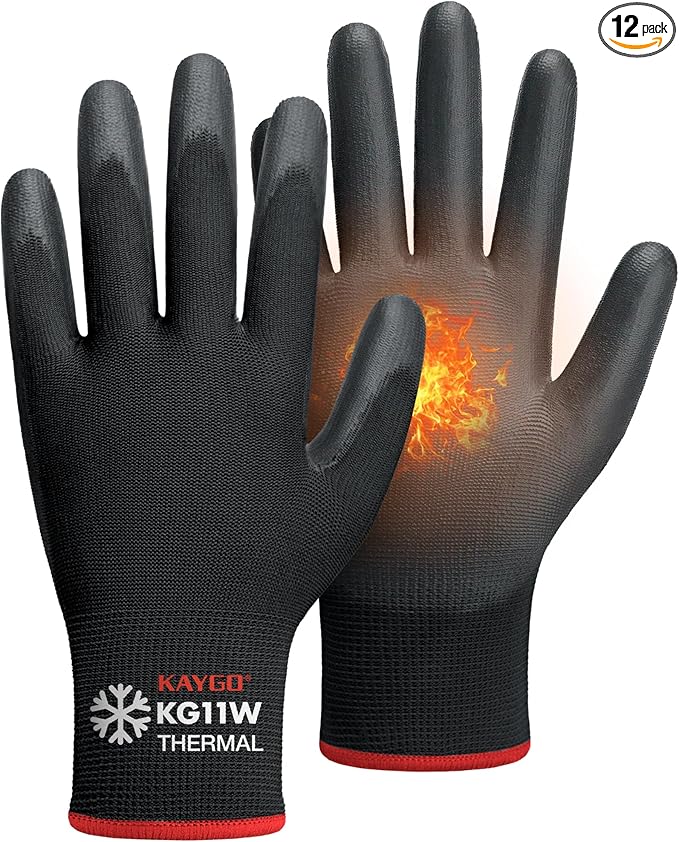 KAYGO 12 Pairs Winter Work Gloves for Men and Women, Thermal Insulated Safety Work Gloves PU Coated, Super Grip,Ideal for Freezer Work,Black,M