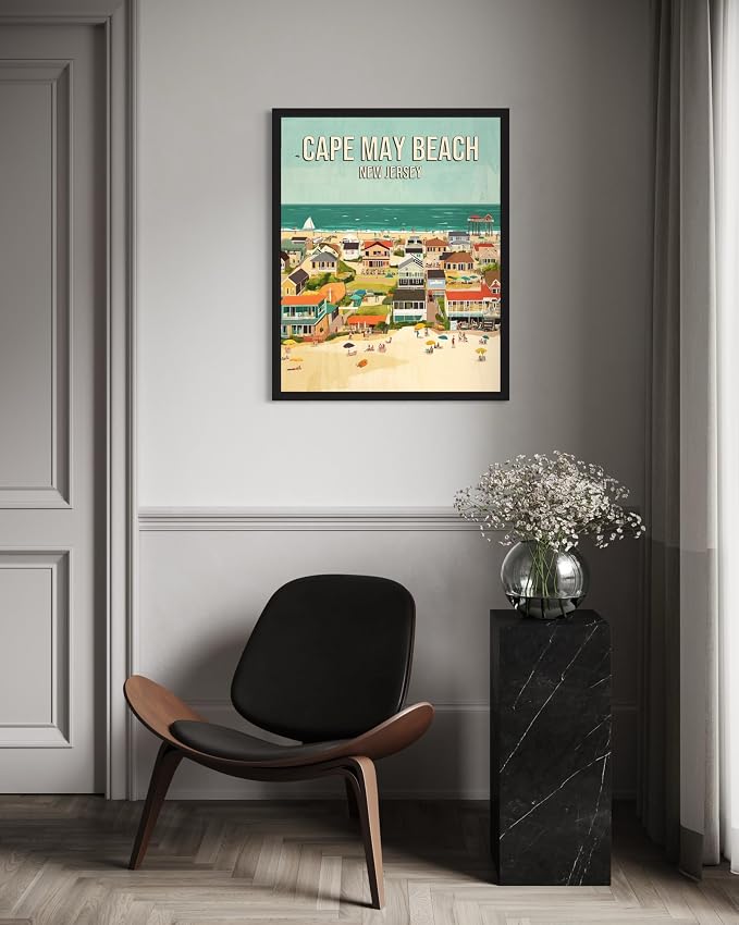 Cape May Beach New Jersey Wall Art Print Poster, US Vintage Retro Beach Scenery Posters Prints for Restroom Home Picture Painting Artwork Gallery 219 (Cape May Beach New Jersey, 16 x 20 inches, Black Frame)