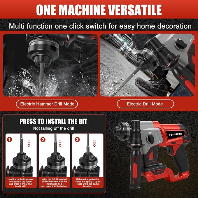 SDS-Plus Rotary Hammer Drill for Milwaukee M18 Battery, 3J Impact Brushless Rotary Hammer with 2 Mode Operation, Cordless Hammer Drill with 3 SDS Plus Bits & Chisel Set (No Battery)