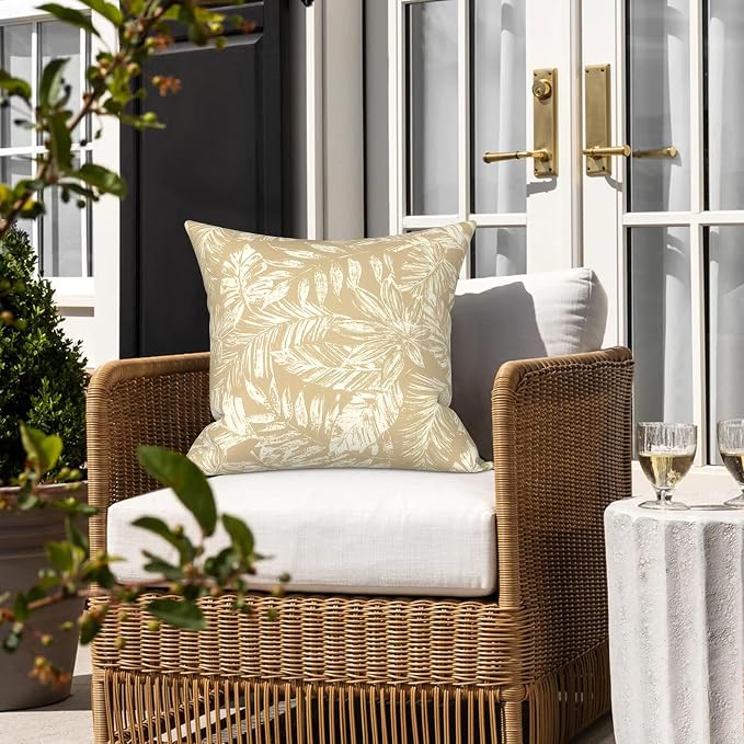 LVTXIII 2 Pack Outdoor Pillows 18x18 Inch, Square Throw Pillows with Inserts, Decorative Water-Repellent Pillow Cushions for Patio Furniture and Garden Sofa, Tropical Leaf Oat