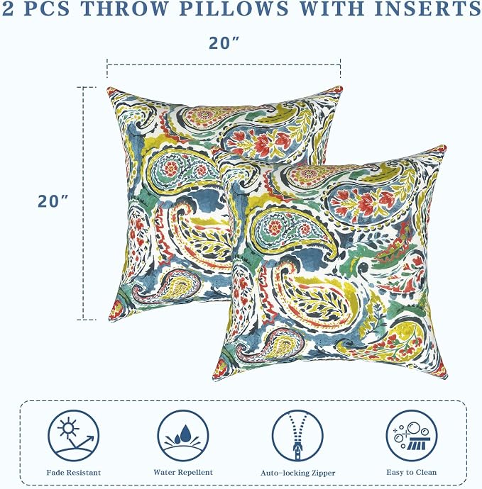 LVTXIII Outdoor Pillows 20x20 Inch, 2 Pack Large Decorative Square Throw Pillows with Inserts for Couch, Bed, Floor Seating, Patio Furniture, Paradise Paisley