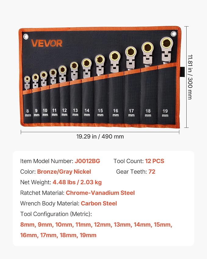 VEVOR Flex-Head Ratcheting Wrench Set, 12-Piece Metric 8 mm to 19 mm, 72 Teeth, Cr-V Steel Ratchet Flexible Combination Wrench Set with Roll Up Pouch, for General Household and Automotive Repairs