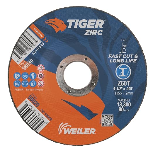 Weiler 58020 4-1/2 Inch Cutting Wheel, Tiger Zirc Steel/Metal Fast Cut & Long Life High Performance Cutting, .045" Z60T Type 27 7/8" Arbor, Pack of 25