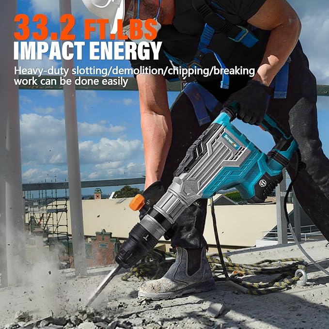 Berserker 1700W 25-Pound SDS-Max Demolition Jack Hammer 65H,14-Amp Corded | Inline Medium & Heavy duty Electric Concrete/Pavement Breaker with Variable Speed,Vibration Control,Carrying Case & 2 Chisels