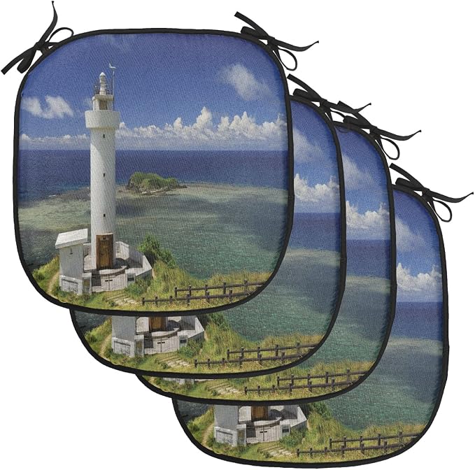 Lunarable Lighthouse Chair Cushion Pads Set of 4, Hiracbosaki Lighthouse Seaside Greenery Clouds Travel Destinations, Anti-Slip Seat Padding for Kitchen & Patio, 16"x16", Navy Blue Green White