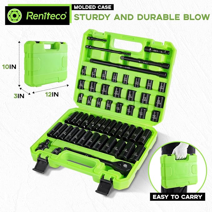 Reniteco 56-Piece 3/8" Drive Socket Set, SAE 5/16"-3/4", Metric 8-22mm, Cr-V