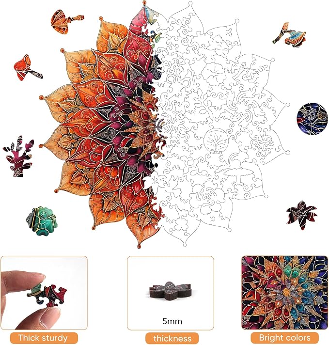 Mys Aurora Colorful Mandala Wooden Puzzles for Adults, 500 Piece Unique Shaped Wood Jigsaw Puzzles for Adults and Kids, Fun Challenging Puzzles Family Game Gift, 16.5'' x 16.4''