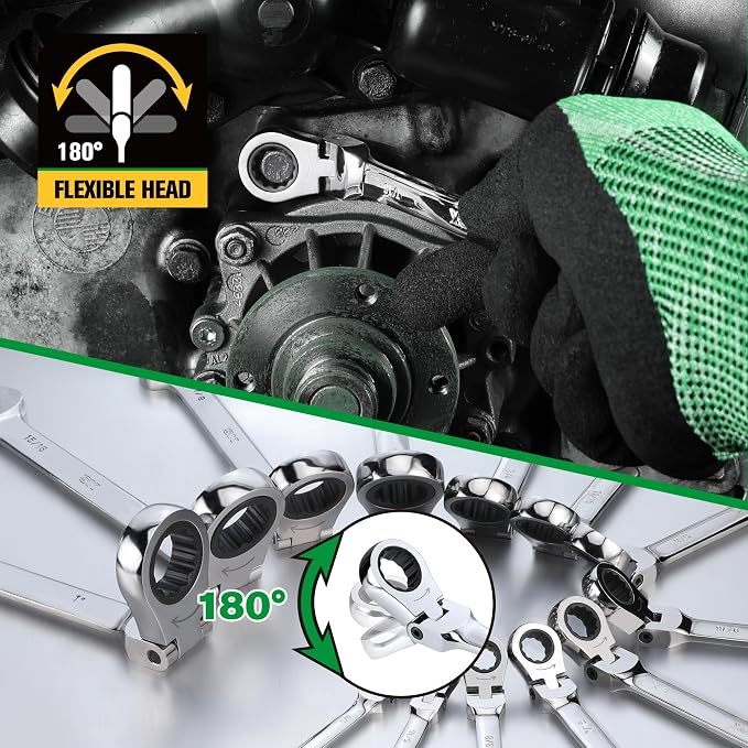 SK Flex Head Ratcheting Wrench Set, SAE 1/4'' to 1'', Metric 8 to 19mm | Ratchet Wrenches Set, Combination Wrench Set 25-Piece, 72-Tooth, Chamfered Head Design, Premium CR-V Steel, Rack Organizer