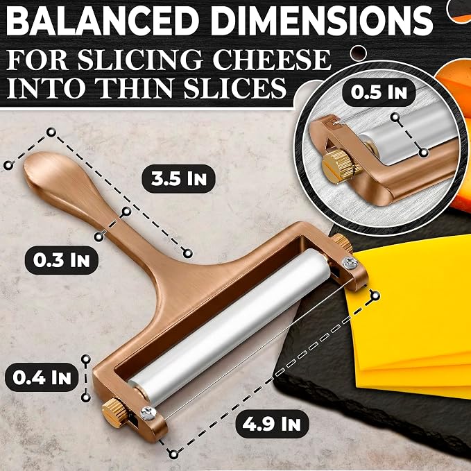 Handheld Wire Cheese Slicer with Adjustable Thickness - Stainless Steel Cheese Slicer with 2 Replacement Wires for Thick & Thin Portion Slices - Suitable for Mozzarella, Cheddar, Gruyere, Raclette