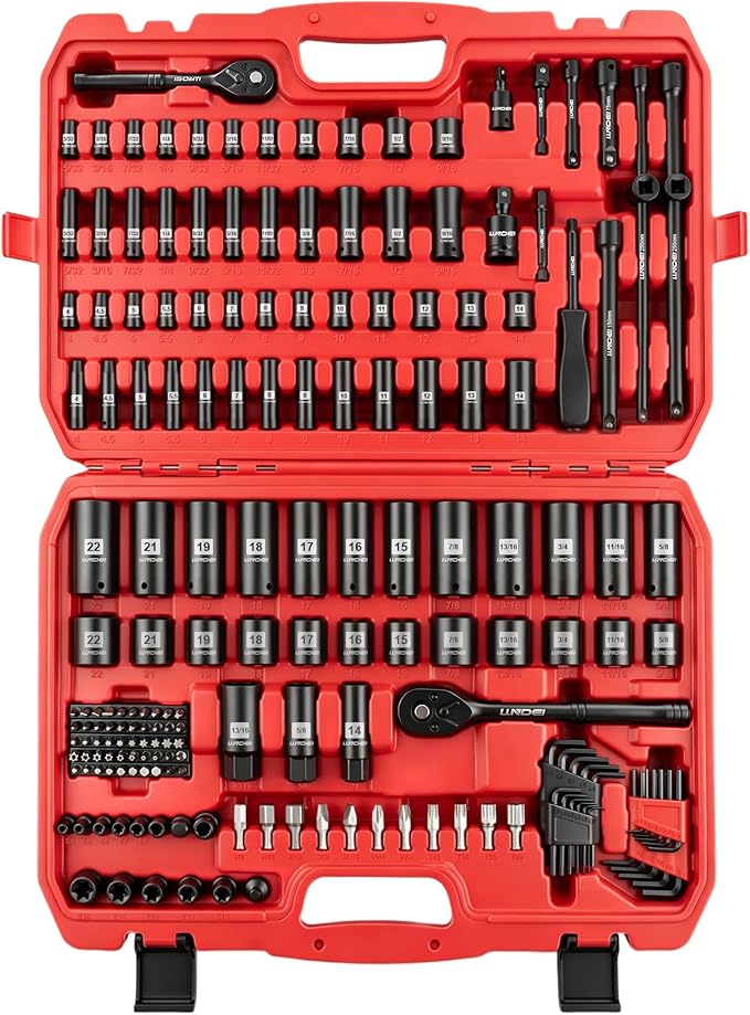 LLNDEI 1/4 & 3/8" Drive Impact Socket Set 186Pcs SAE/Metric | CR-V Deep & Shallow Sockets, Ratchet, Spark Plug Socket, Bits, for Auto Repair Shop, Garage, Engine Rebuilding & DIY Projects