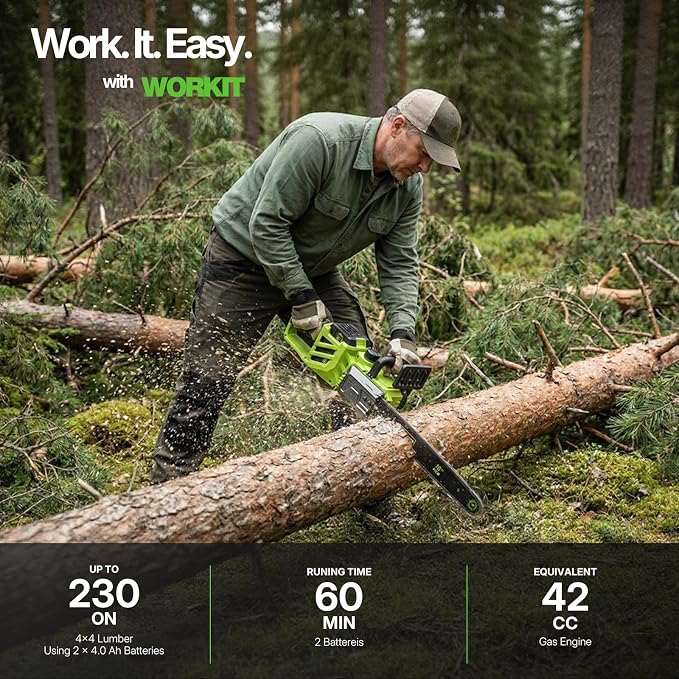 WORKIT 16 Inch Electric Chainsaw, 40V Brushless Chain Saw Cordless with 2×4.0Ah Batteries, Tool-Free Chain Tension, Auto Oiling, Battery Chainsaw for Tree Trimming, Wood Cutting, Yard Work