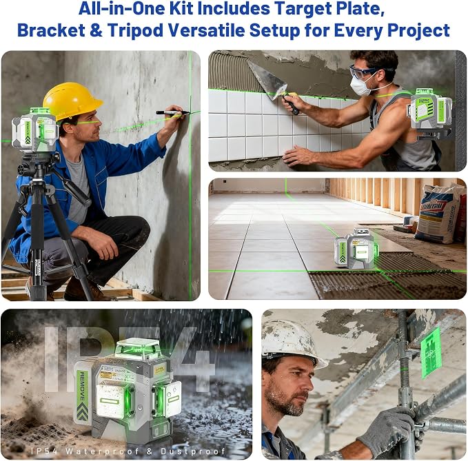 Huepar Pro Laser Level 360 Self Leveling with 50inch Tripod, 3 x 360° High Brightness Green Laser Leveler Tool for Construction, Tile and Picture Hanging, Rechargeable Battery & Magnetic Bracket