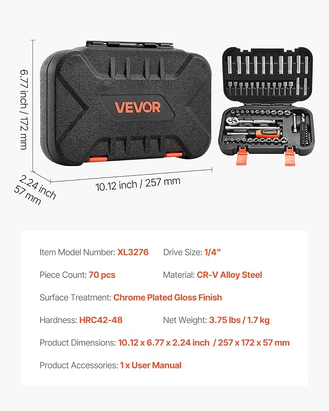 VEVOR Socket Set, 70 Pieces, 1/4 inch Drive Socket and Ratchet Set, SAE and Metric, Deep and Shallow, Mechanic Tool Kit with Bits, Accessories and Storage Case, CR-V Alloy Steel, for Automotive Repair | Mechanic Tool Set with Bits, Accessories and Stor...