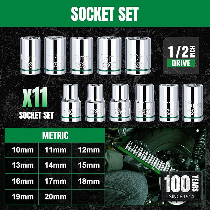 SK 1/2" Drive Socket Set, Metric Sockets, 11-Piece 10-20mm | SuperKrome Finish, Premium CR-V Steel, with Aluminum Socket Organizer