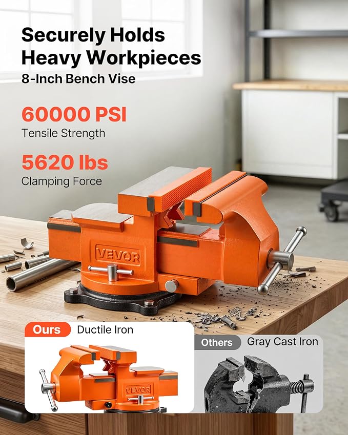 VEVOR Heavy Duty Bench Vise, 8" Jaw Width, Multi-Purpose Ductile Iron Bench Vise with Anvil and 360-Degree Locking Swivel Base, 2.95" Throat Depth, 8" Max Jaw Opening, for Drilling, Pipe Cutting