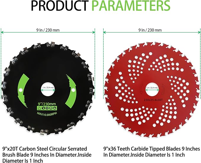 Brush Cutter Trimmer Conversion Kit with 9" x20T Carbon Steel Chainsaw Brush Cutter Blade & 9" x36T Carbide Tipped Blades, Compatible with Echo Models SRM-225, SRM-225i, SRM-266, SRM-280