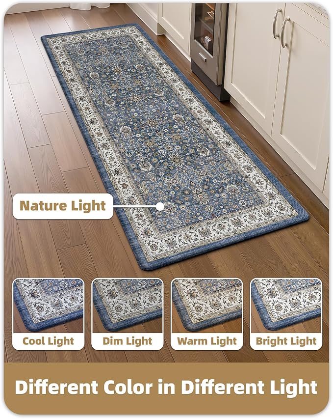 Color&Geometry Anti Fatigue Kitchen Mats for Floor 2 Piece 24"x59"+24"x87", Vintage Kitchen Rug Set, Waterproof & Oil Proof, 0.4" Thick Cushioned, Non-Slip Wide Runner for Sink, Laundry,Blue