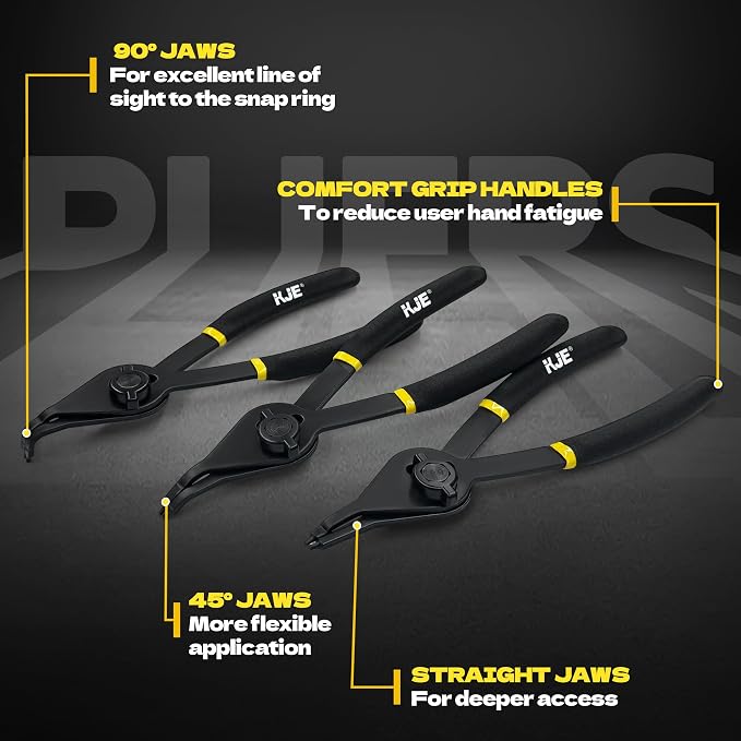 KJE 12Pcs Heavy Duty Snap Ring Pliers Set, Fixed Straight/45°/90° Jaw Tips Internal & External Circlip Pliers, Versatile Retaining Snap-Ring Pliers set for 0.038" 0.047" 0.070" 0.090"