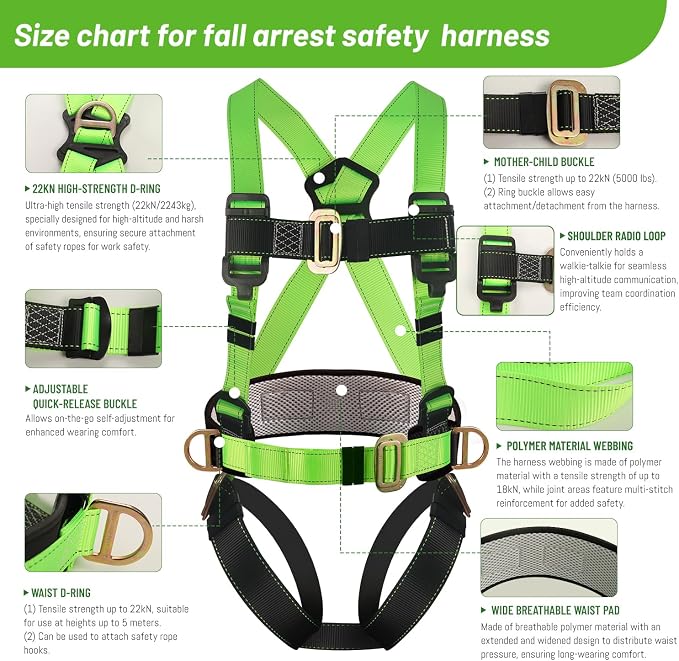 Safety harness fall protection kit, equipped with shock-absorbing ropes, full-body safety harness for roof work