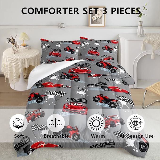 Axolotl Kid Comforter Set Queen Size,Racing Car Bedding Set for Boys Girls Teen Car Racing Gifts,Race Cars Quilt Bed Set with 1 Comforter 2 Pillowcases,Red Grey