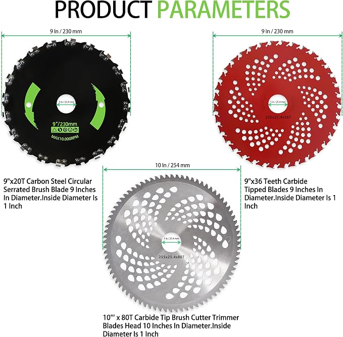 Brush Cutter Trimmer Conversion Kit with 9" x20T Carbon Steel Chainsaw Brush Cutter Blade & 9" x36T Carbide Tipped Blades & 10" x80T Carbide Tip Blades Compatible with Echo Models SRM-225 etc