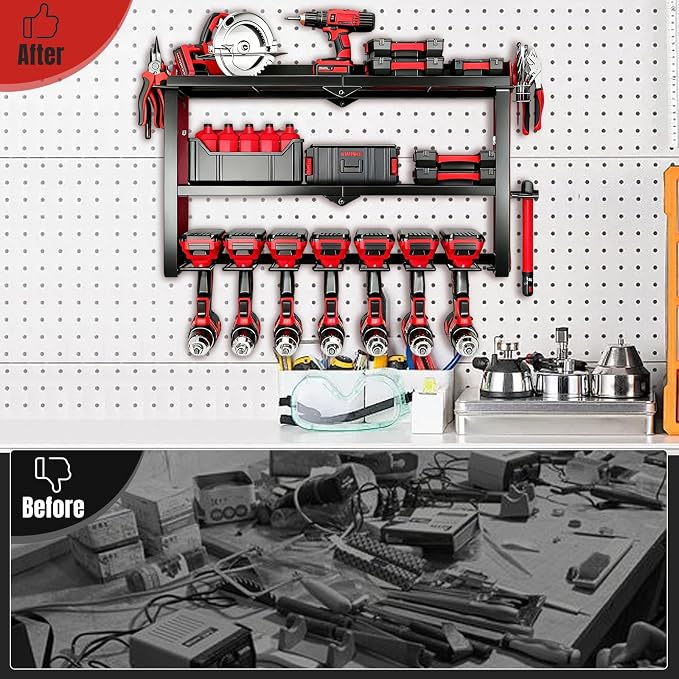 Power Tool Organizer Wall Mount, 150Lbs 3 Layer Metal Tool Storage Rack with 7 Cordless Drill Holder Heavy Duty, Battery Drills Storage Tool Organizer for Workshop,Garage,Tool Room,Pegboard