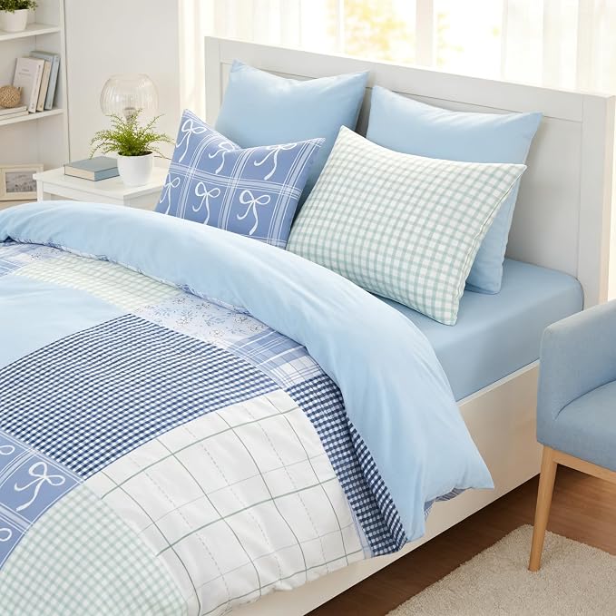Sedefen Blue Plaid Duvet Cover Queen Size Gingham Bedding Set Kids Boys Girls Checked Bowknot Floral Spring Aesthetic Chic Soft Breathable Bedding Set 3 Pcs with 2 Pillowcases