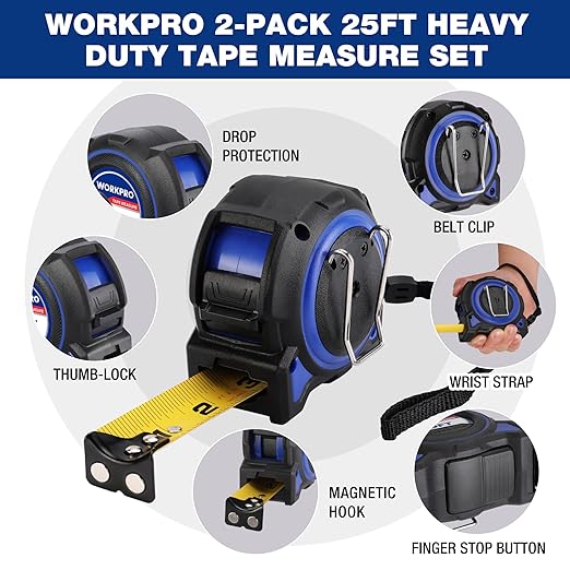 WORKPRO 16FT Tape Measure, 2 Pcs Heavy Duty Retractable Tape Measurement, Double Retract Long Stand Measuring Tape Accuracy 1/32 for Engineer, with Magnetic Hook, Belt Clip, Rubber Protective Casing