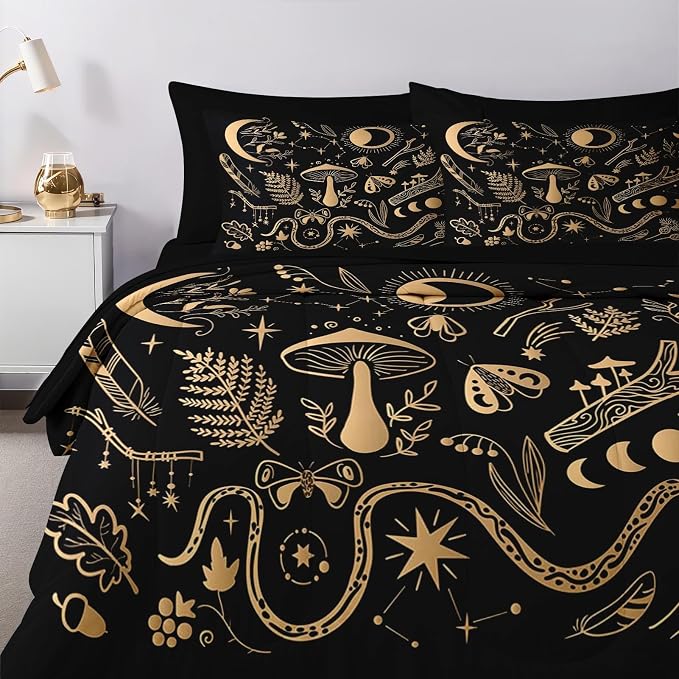 Nesker Comforter Set King Size, Golden Mushroom Moon 7 Pcs Bedding for Kids and Adults, Moth Vintage Gold Bed Sheet Sets with Fitted Sheet 2 Pillowcases & 2 Shams
