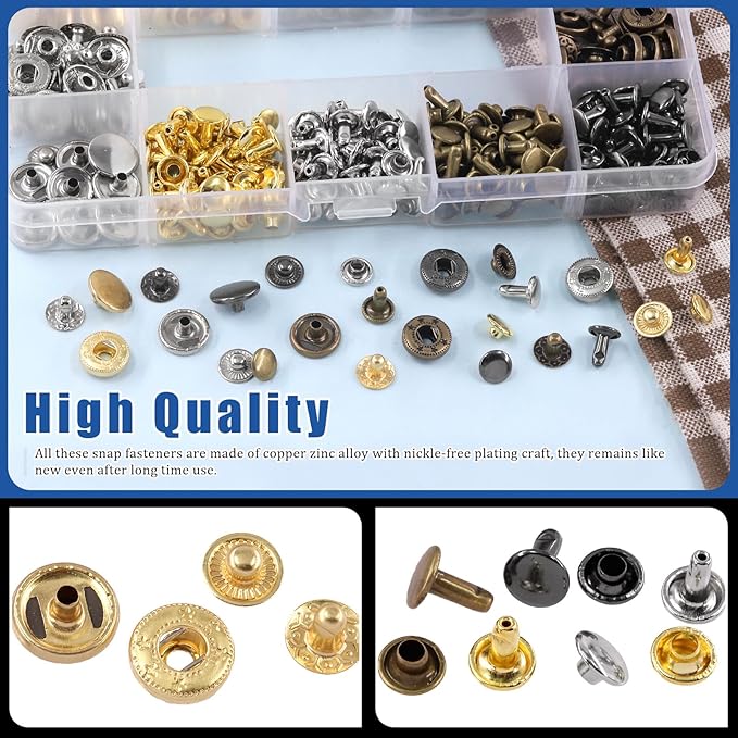 Glarks 160 Sets 2 Styles Leather Snap Fasteners Kit Including 12.5mm Metal Snap Buttons and 8 x 8mm Leather Rivets with 11Pcs Punch Hammer Setting Tools, Grease Pencils and Tape Measure