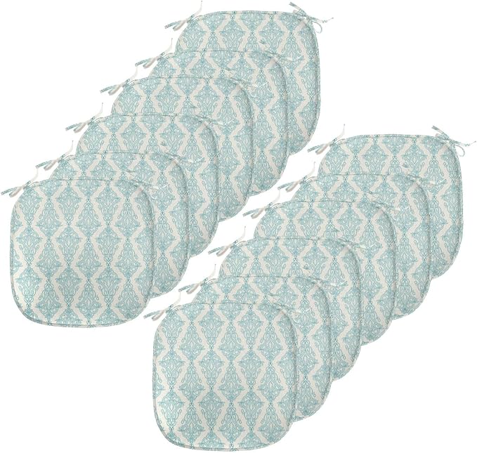 Lunarable Damask Blue Chair Seating Cushion Set of 12, Vintage Antique Pattern with Classic Victorian Motif, Anti-Slip Seat Padding for Kitchen & Patio, 16"x16", Eggshell Pale Cadet Blue