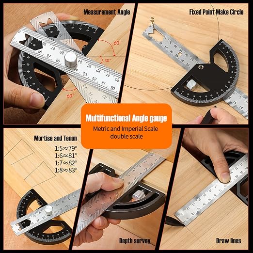 Protractor Angle Finder Carpenter Square Adjustable Aluminum Protractor Square and Angle Gauge for Carpenters & Woodworking Hobbyists with 0-180 Degrees Measuring Tool (12inch)