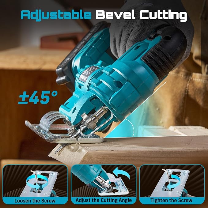 SEESII Jig Saw, Cordless Jigsaw Tool with 2×2.0Ah Batteries and Charger | ±45° Bevel Cuts, 4 Orbital for Wood Metal PVC Cutting, Variable Speed, with 9 Blades, LED Light, Safety Lock, Storage Bag