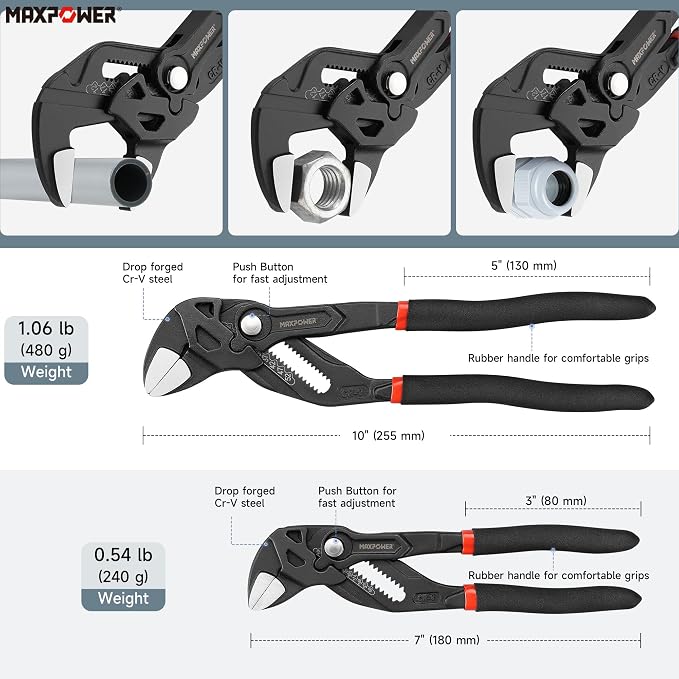 MAXPOWER 7" 10" inch Pliers Wrench, 1.57" & 2" Jaw, Smooth Parallel Jaws