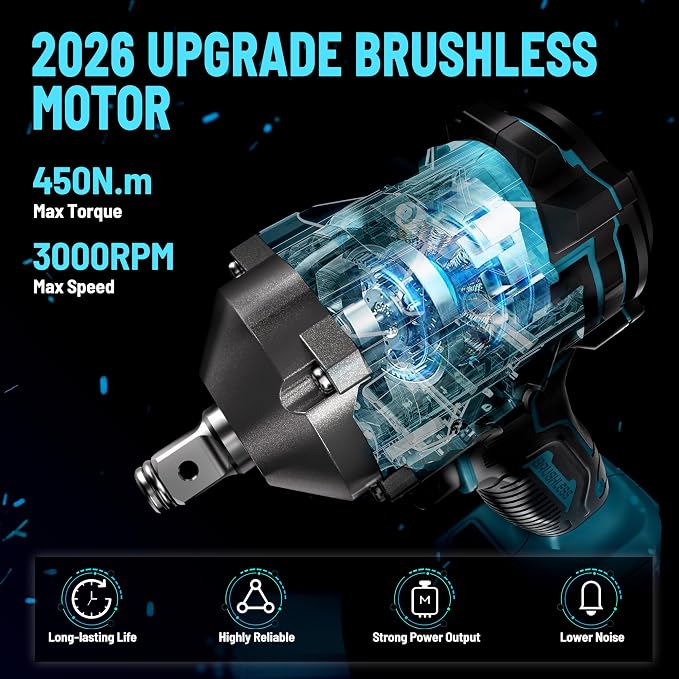 GEVEELIFE 450N.m/332Ft-lbs Brushless Impact Wrench,1/2" Cordless Impact Gun with 4.0Ah Battery & 4 Sockets, Electric Impact Driver for Car/DIY Furniture/Lawn Mower/blue (450N)