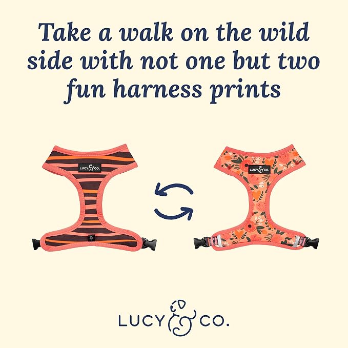 Lucy & Co. Reversible Dog Harness - Water-Repellent Neoprene, Dual-Print Design, Easy Swap Style, Adjustable Comfort Fit - Posy Pink Reversible Harness - X-Large