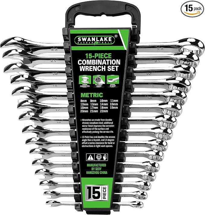 SWANLAKE 15-Piece Metric Combination Wrench Set, 12-Point Max Torque Open End Wrench Set, Cr-V Steel Wrenches 8, 9, 10, 11, 12, 13, 14, 15, 16, 17, 18, 19, 20, 21, 22mm with Storage Rack
