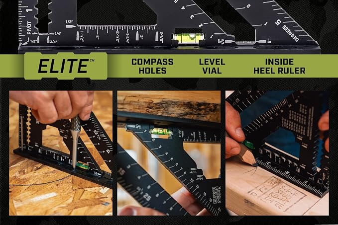 Spec Ops Tools Elite Series Fury 7.5” Rafter Square with Level Vial, Laser Etched & Stamped Markings, Rapid-Layout Features, Wide Heel, Integrated Compass Holes, Digital Rafter Calculator & Guide