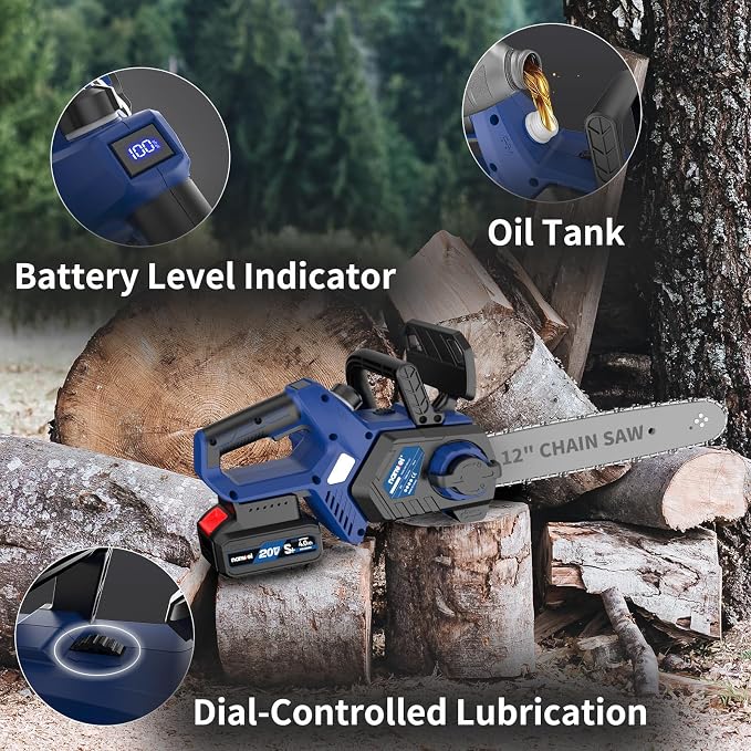 NANWEI Battery Chainsaw 12 inch, Brushless Motor, 2 x4.0Ah Batteries and Charger, Auto Oiling, Tool-Less Adjustment, Battery Powered Chainsaw For Wood,Tree Cutting (With Batteries)