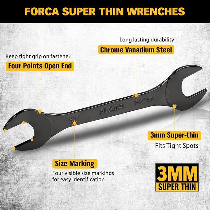 ELEAD 10-Piece Super-Thin Open End Wrench Set, Metric 5.5-27mm, CR-V Nickel Plated, 3 mm Thickness for Tight Spaces, 5.5, 7, 8, 9, 10, 11, 12, 13, 14, 15, 16, 17, 18, 19, 20, 21, 22, 23, 24, 27mm