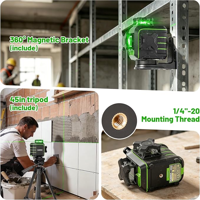 Huepar 360 Laser Level with Tripod, 60-Inch Drop Protection Self-Leveling Green Lazer Leveler Tool for Picture Hanging, Pulse Mode Adjustable Brightness, Hard Case, Green Glasses & Target Plate