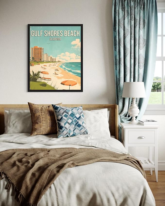 Gulf Shores Beach Alabama Black Framed Wall Art Print Poster, US Vintage Retro Beach Scenery Posters Prints for Restroom Home Picture Painting Artwork Gallery 219 (Gulf Shores Beach Alabama, 24"L x 18"W, Black Frame)