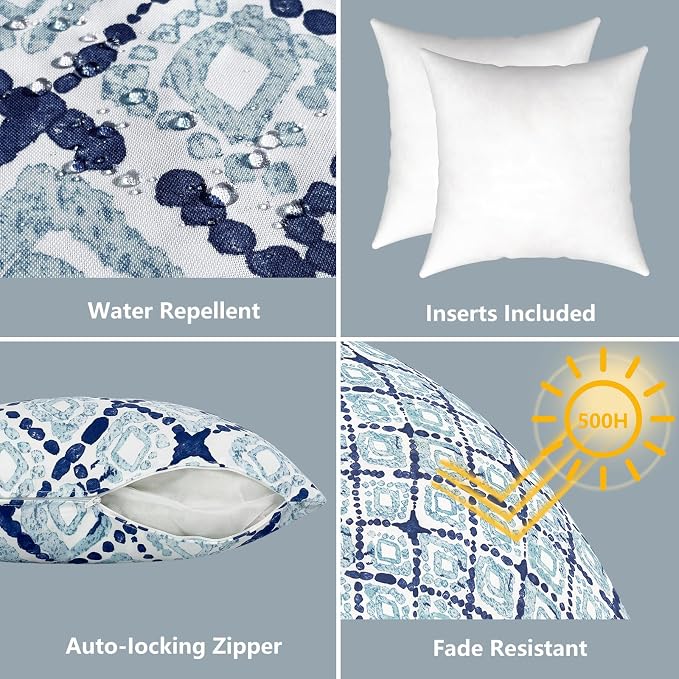 LVTXIII Outdoor Throw Pillows, Decorative Throw Pillows with Inserts, 20"x20" Square Pillows for Bed, Couch, Sofa and Patio Furniture, Set of 2, Boho Geometry Blue