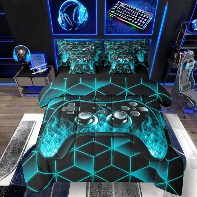 Gaming Consoles Comforter Set 7 Piece Bed in a Bag Twin,Neon Geometric Boys Bedding Set,3D Geometric Gamer Comforter and Sheet Set Teal Flame Bed Set,Gamer Decor for Boys Bedroom Gamer Gifts