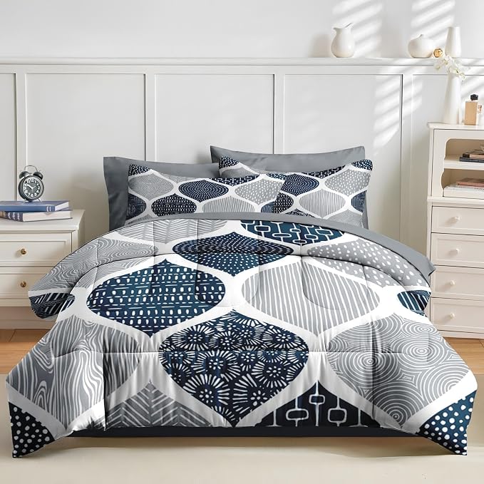 Nesker Comforter Set Queen Size, Boho Bohemian Abstract Blue Gray 7 Pcs Bedding for Kids and Adults, Indigo Geometry Grey Bed Sheet Sets with Fitted Sheet 2 Pillowcases & 2 Shams
