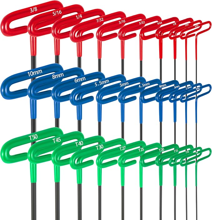 30-Piece T Handle Allen Wrench Set with Metric(2-10MM) & Inch(3/32-3/8) & Torx（T9-T50 Allen Hex Keys Wrench Set, 7.4 inches long, Cushion Grip
