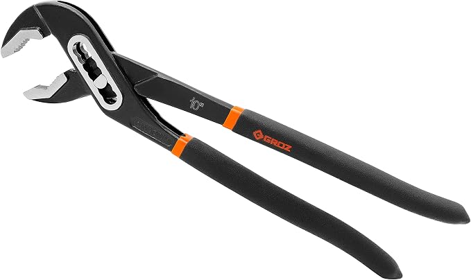 Groz 10 Inch Water Pump Pliers, 7-Position Adjustable Lower Jaw, 45-Degree Serrated Jaws, Slip Joint Plumbing Pliers for Pipes, Nuts, Bolts and Irregular Objects (31741)