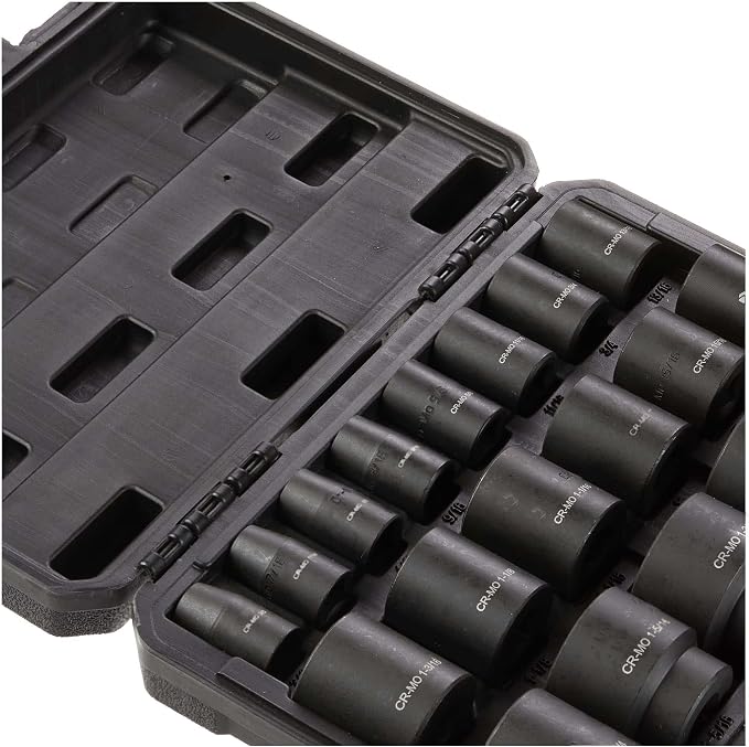 Amazon Basics 1/2“ Impact Socket Set, 6 Point Shallow, SAE Size, CR-MO Steel, 10.2" x 8.5" x 2.4", 19-Piece, Previously Denali Brand