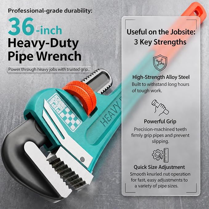 Heavy Duty Pipe Wrench, 36" Adjustable Straight Plumbing Wrench, High Drop-Forged jaws, Professional Pipeline Tool for Water Pipe Fittings, Mechanical assembly, Workshop Operations